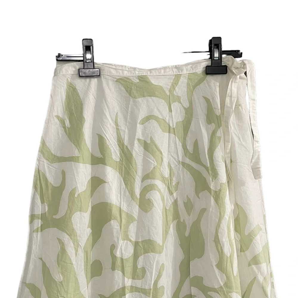 Cotton Floral Print Midi Wrap Skirt White Green S/M